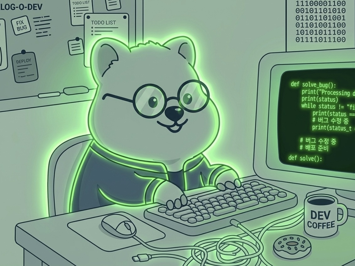 네온 초록빛으로 빛나는 쿼카 캐릭터가 컴퓨터 앞에서 코딩하는 모습 — QuokkaGround 마스코트